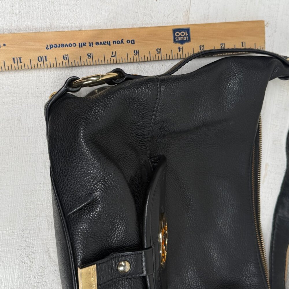 Michael Kors Black Leather Hobo Shoulder Bag Gold MK Logo Zip Top Medium - Picture 13 of 15